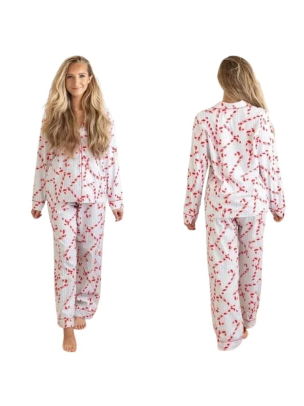 8 Oak Lane Flannel Long 100% Cotton PJ Pajama Set, Candy Cane Stripe - Size L/XL